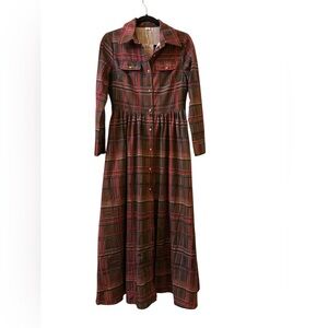 Oyrosy Retro Ethnic Style Lapel Reddish Brown Plaid Maxi Dress size S